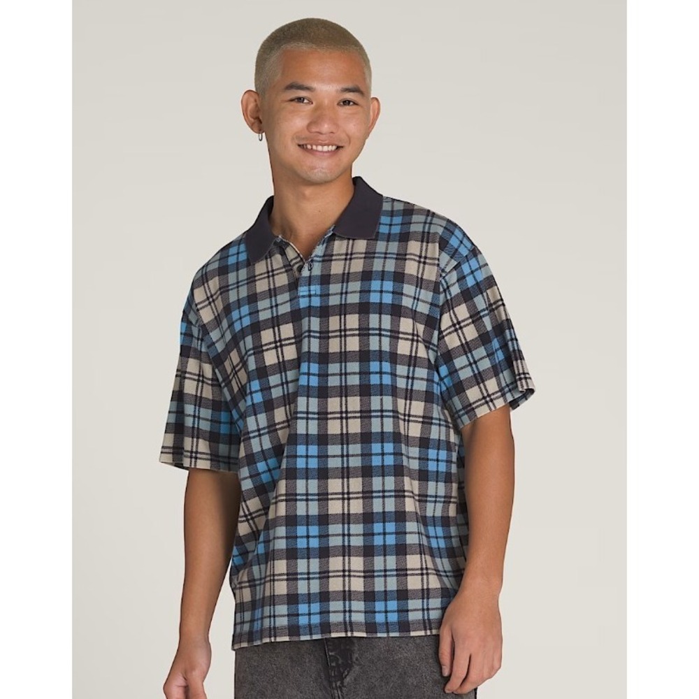Vans Bellmoor Plaid‎ Polo Shirt Men XL Blue Navy Tan Loose Fit VN000KUNE88 NWT